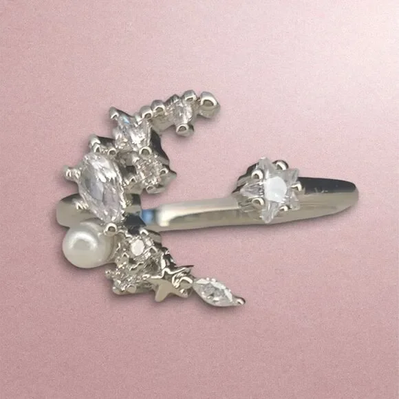 Open Half Moon Star Ring 925 Sterling Silver White Gold Plated CZ Pearl Sz 6.5 - Picture 3 of 8
